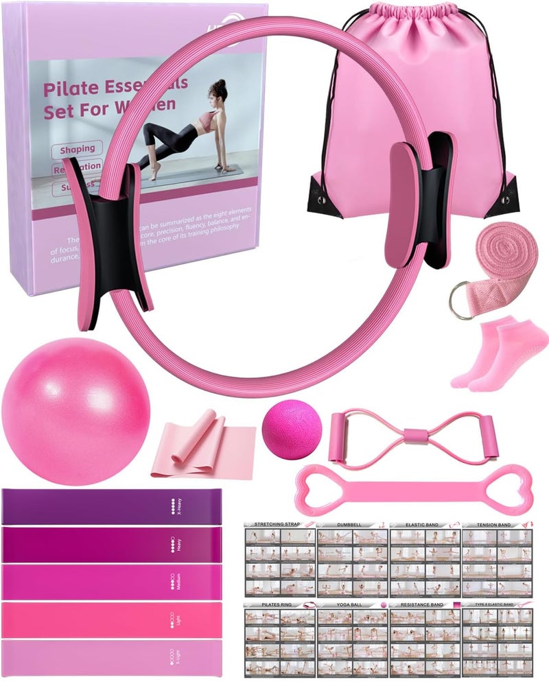 KABCON Pilates Kit for Home, Women Beginners Workout Essentials Set with 13" Ring, 9.8" Ball, Resistance Bands & Guide, 13/14/16 PCS Compact Pilates Equipment - Image 1